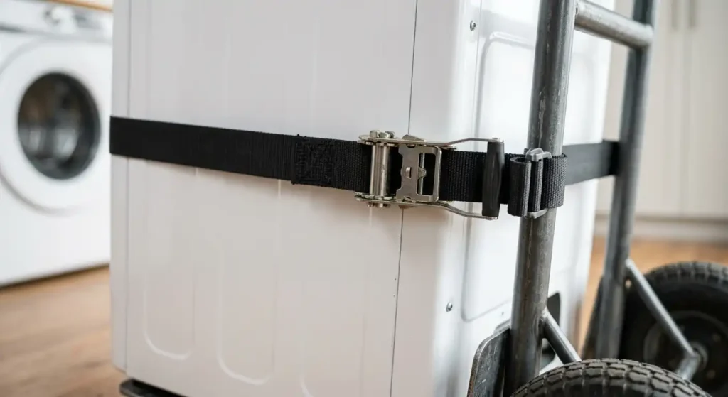 A heavy-duty strap securing a dryer to a hand truck.