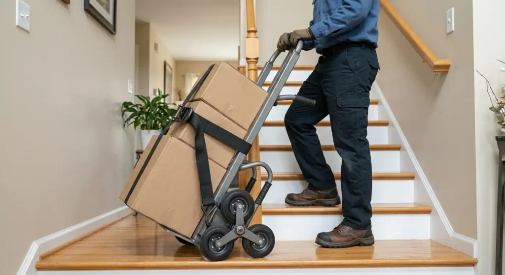 Stair-climbing hand truck with rotating wheel assemblies on a stairway.
