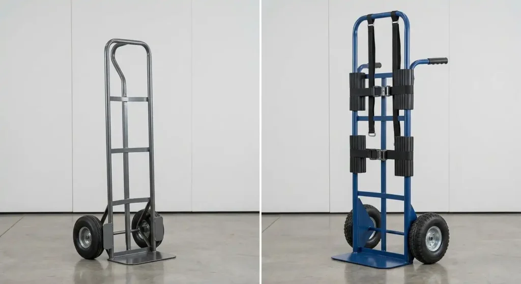 Comparison between a standard hand truck and a heavy duty appliance dolly.