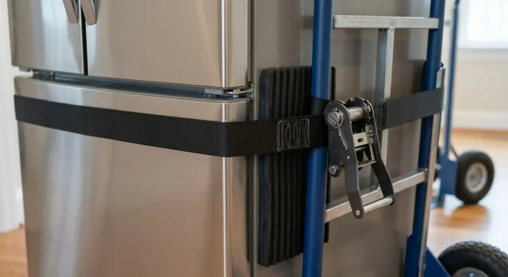 Heavy strap securing a large refrigerator to an appliance hand truck frame.
