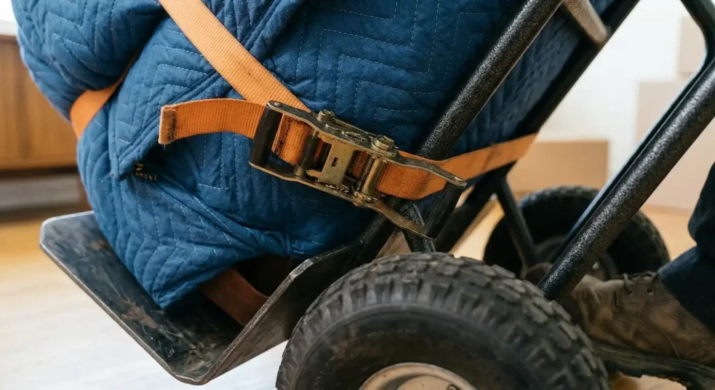 Ratchet strap securing a wrapped couch to the vertical frame of a hand truck.