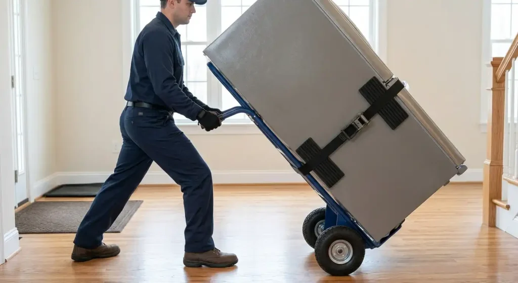 Person tilting an appliance hand truck backward using proper posture.