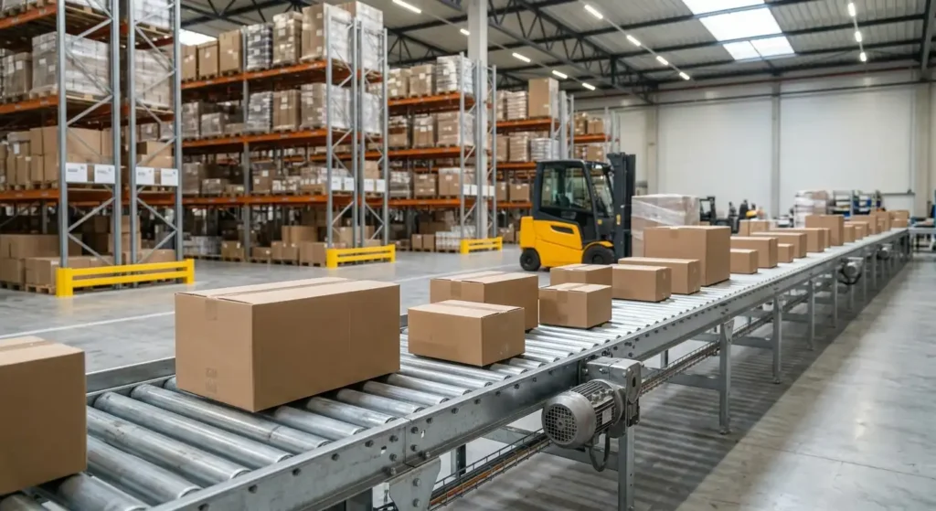 Warehouse conveyor moving boxes through a distribution area